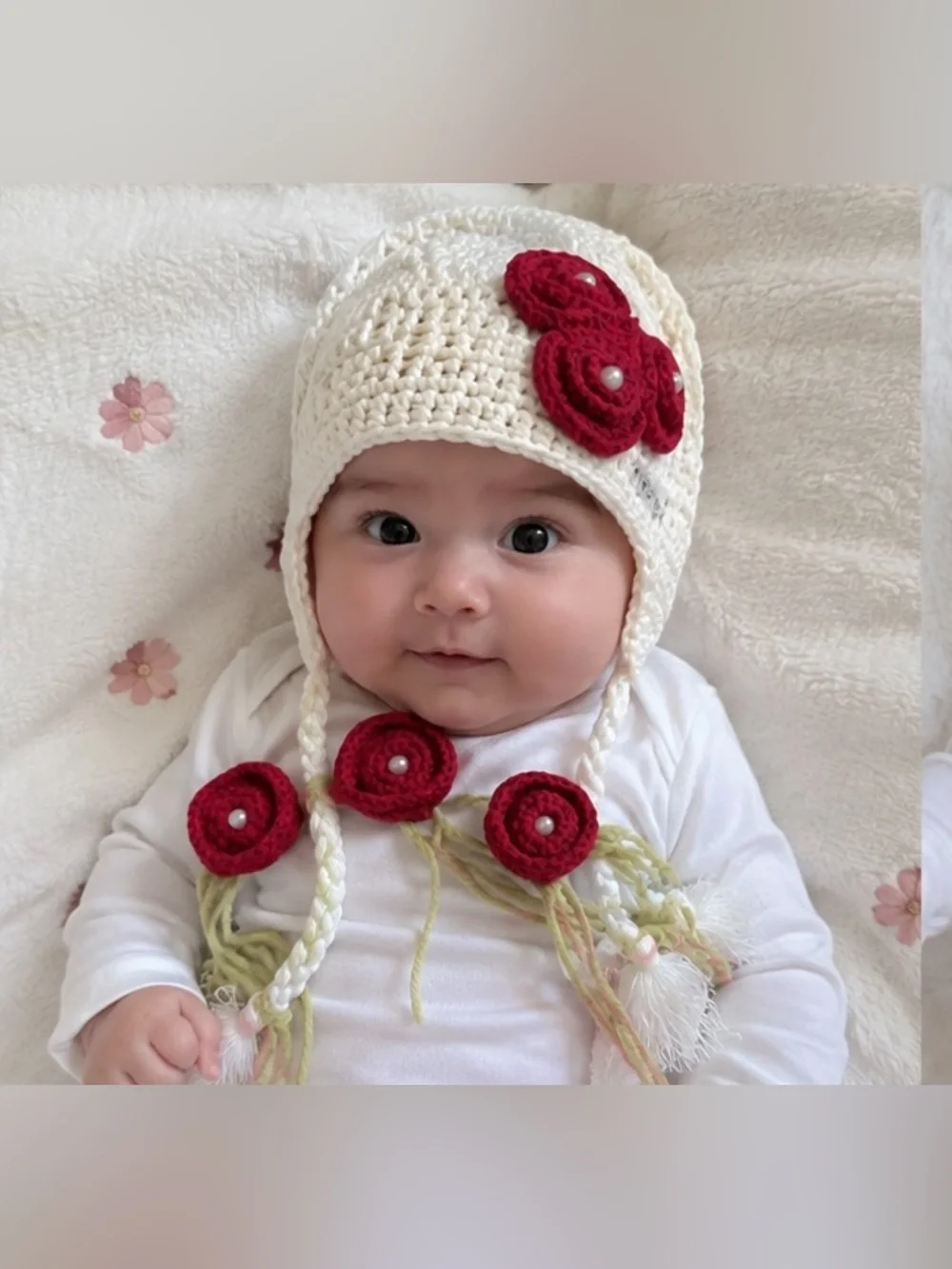Crochet Baby Hat with Red Flower Accents - Kids Accessories